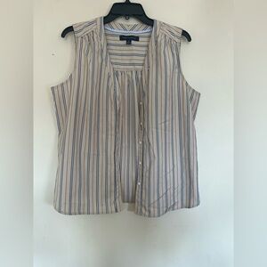 Tommy Hilfiger Beige and Navy Striped Sleeveless Button Top